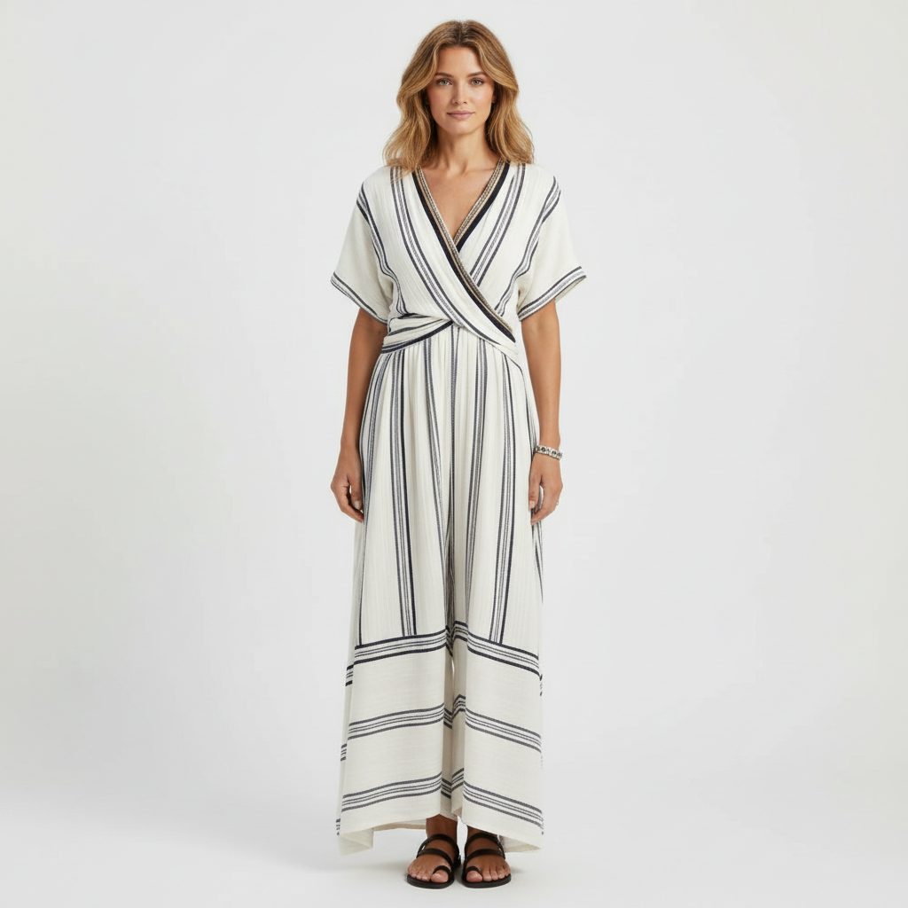 Emma | Women's Wrap Waist Midi Dress With V-Neck And Short Sleeves | Casual