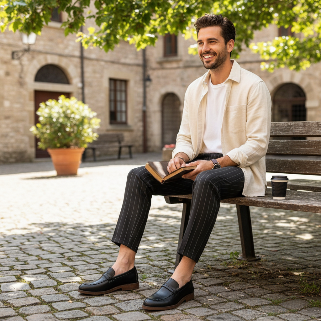 Ethan | Men's Leather Loafers With Slip On Design And Woven Stitch Detail | Formal