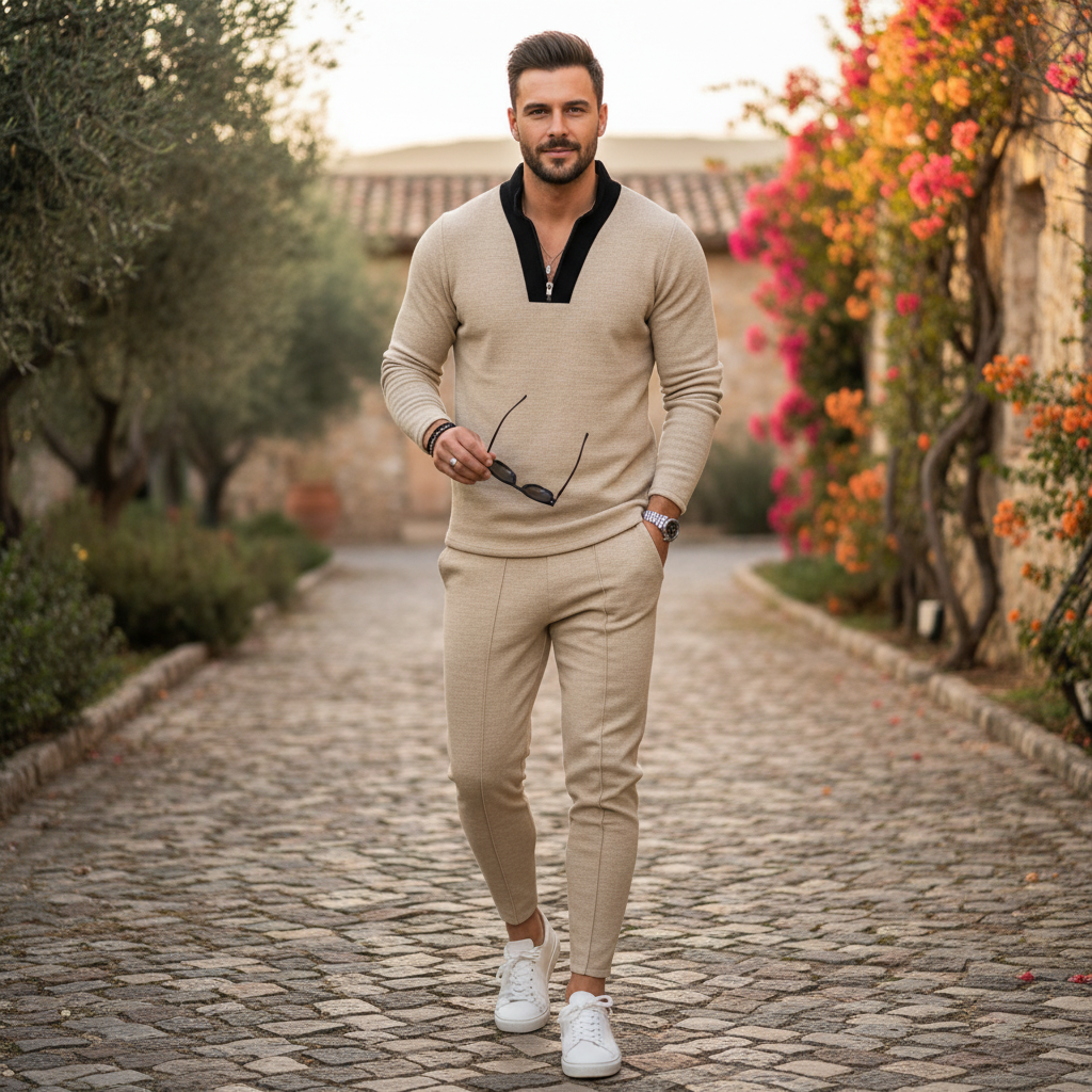 Ethan | Men's Two Piece Set With Zip Collar Top And Tapered Pants | Modern