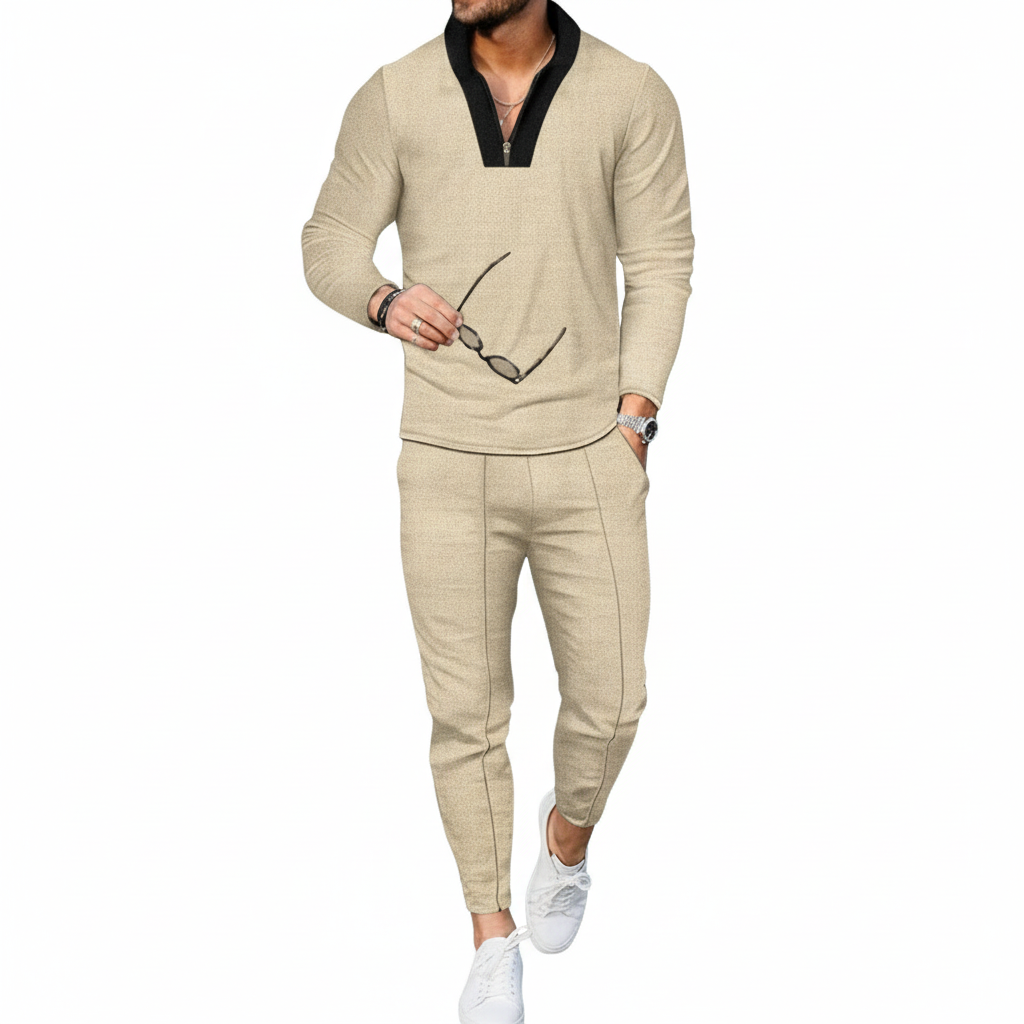 Ethan | Men's Two Piece Set With Zip Collar Top And Tapered Pants | Modern