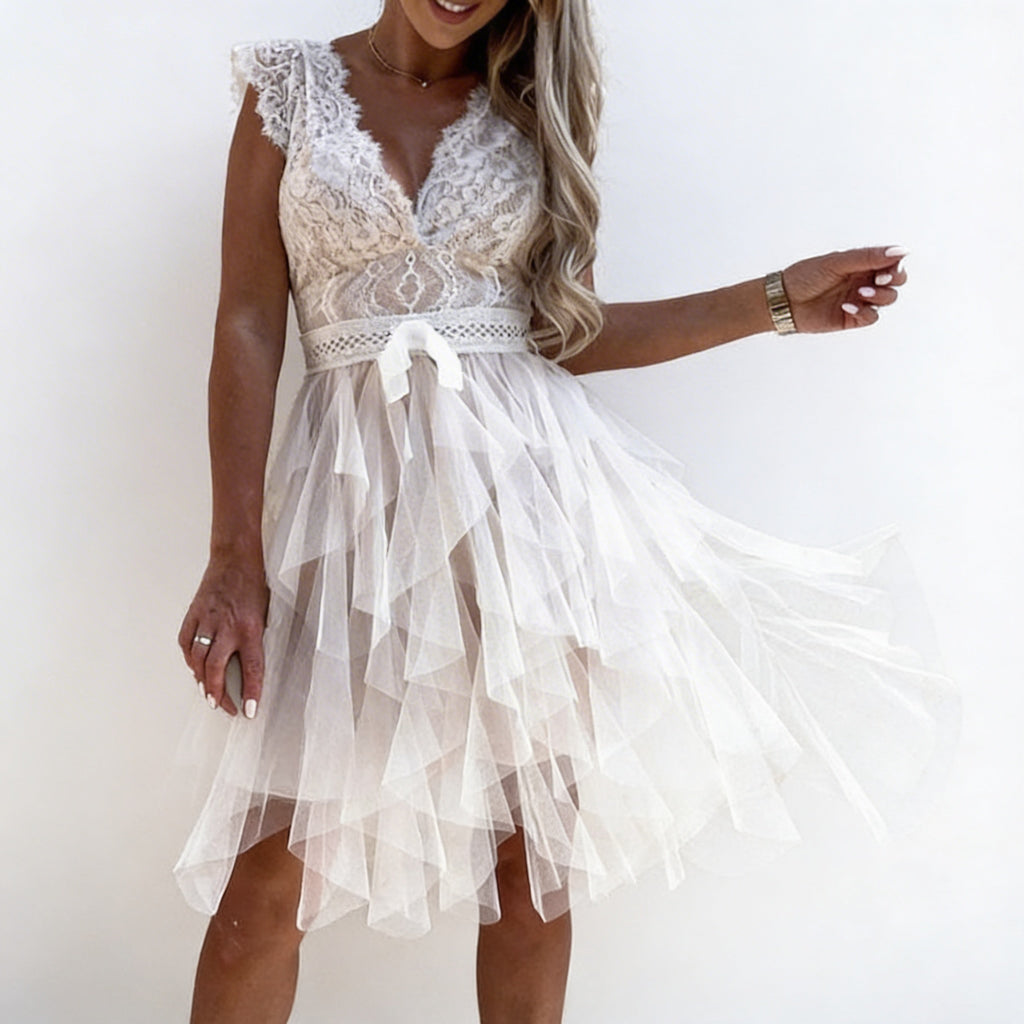 Freya | Women’s Cocktail Midi Dress With Lace Bodice And Layered Ruffle Skirt | Elegant