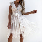 Freya | Women’s Cocktail Midi Dress With Lace Bodice And Layered Ruffle Skirt | Elegant
