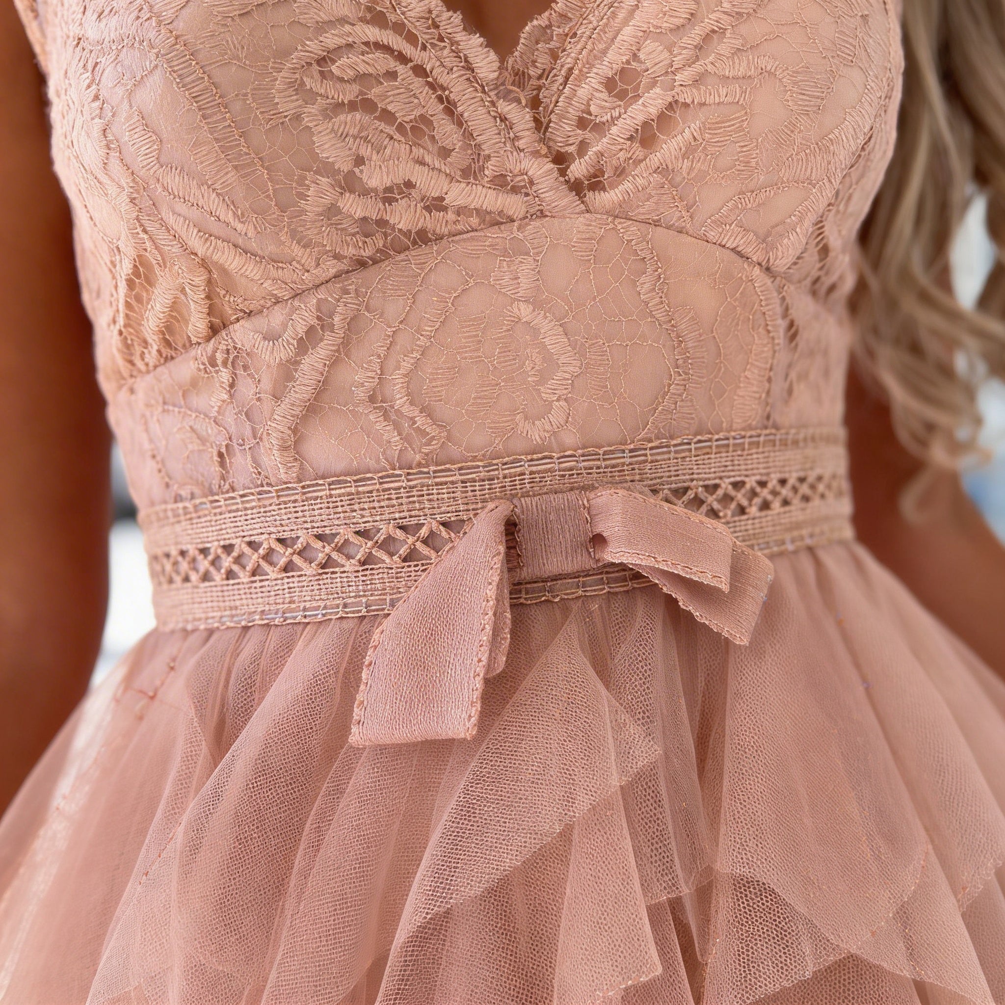 Freya | Women’s Cocktail Midi Dress With Lace Bodice And Layered Ruffle Skirt | Elegant