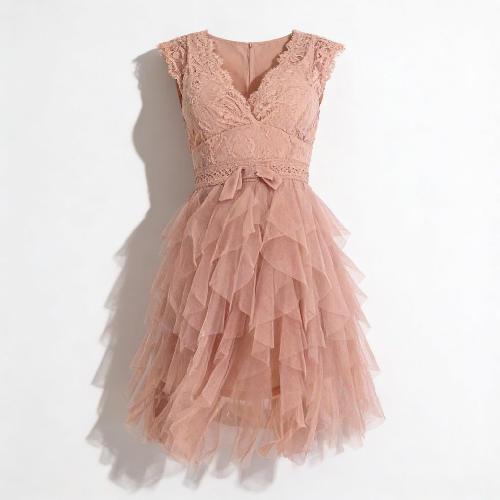 Freya | Women’s Cocktail Midi Dress With Lace Bodice And Layered Ruffle Skirt | Elegant