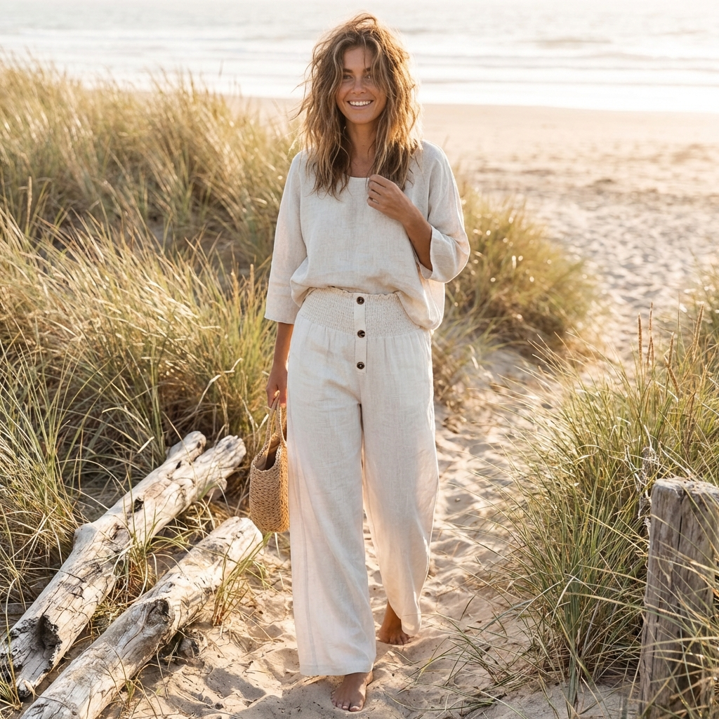 Freya | Women’s Linen Trousers With Button Front And Elastic Waistband | Relaxed