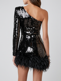 Freya | Women's One-Shoulder Sleeve Mini Dress And Feather Hem | Glamorous