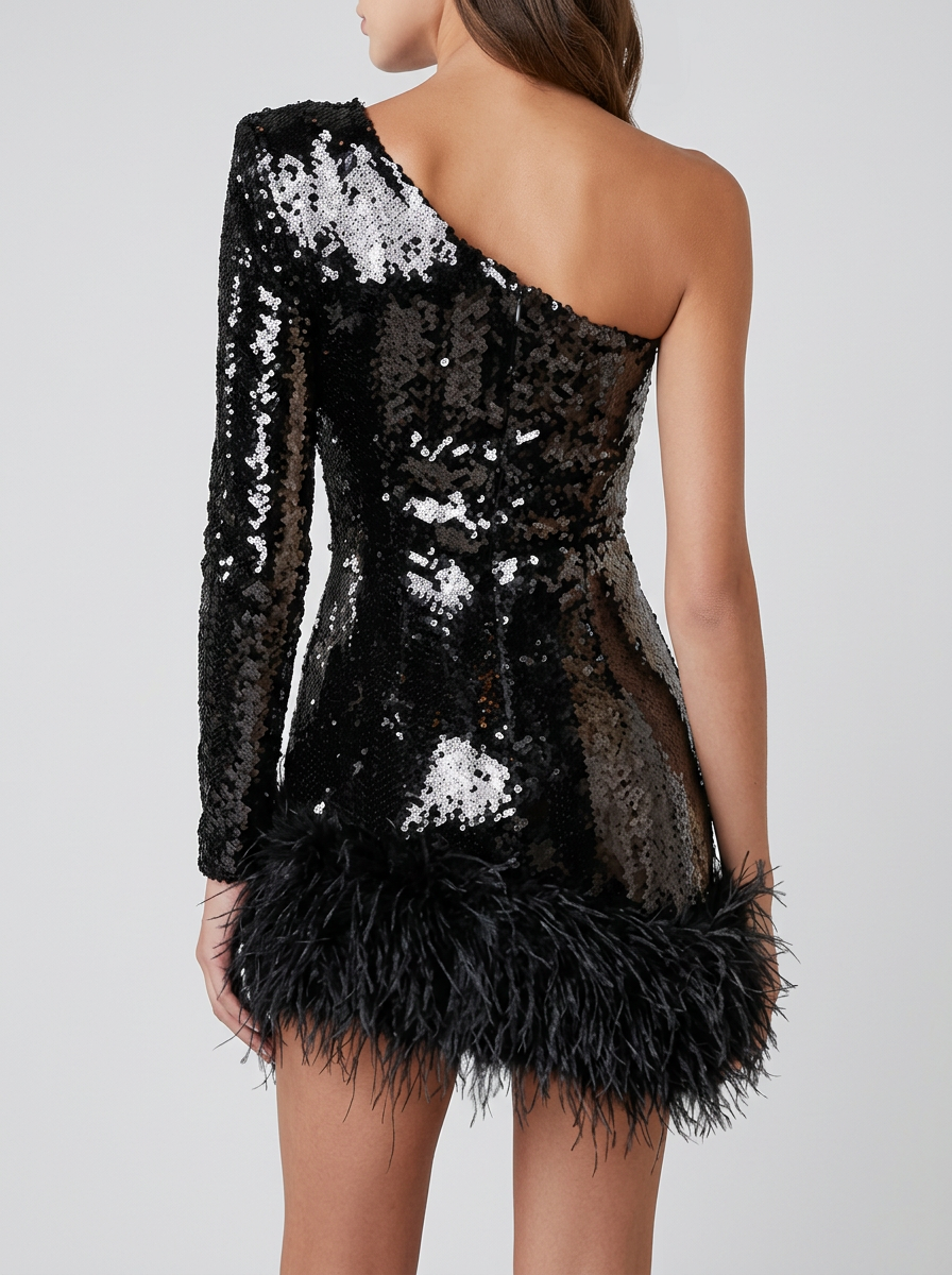Freya | Women's One-Shoulder Sleeve Mini Dress And Feather Hem | Glamorous