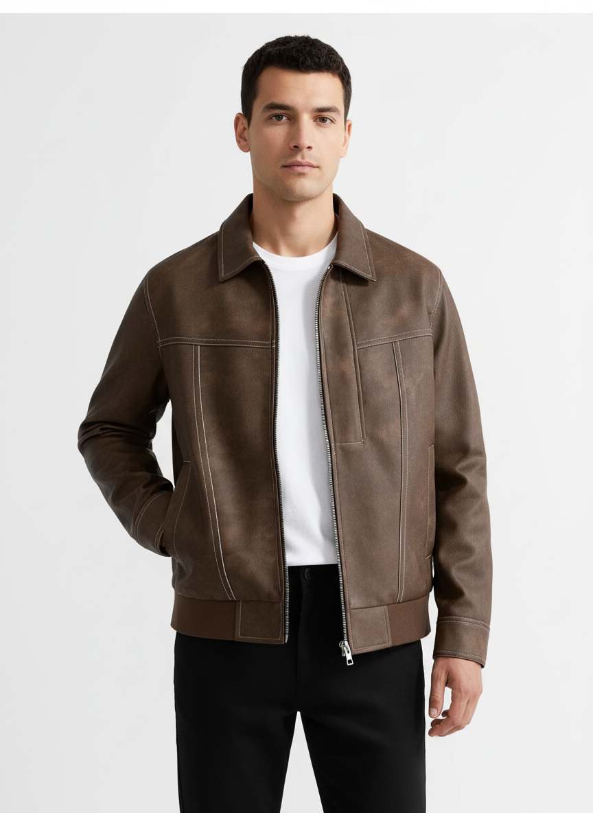 Harper | Men's Leather Jacket With Zip Closure And Contrast Stitching | Casual