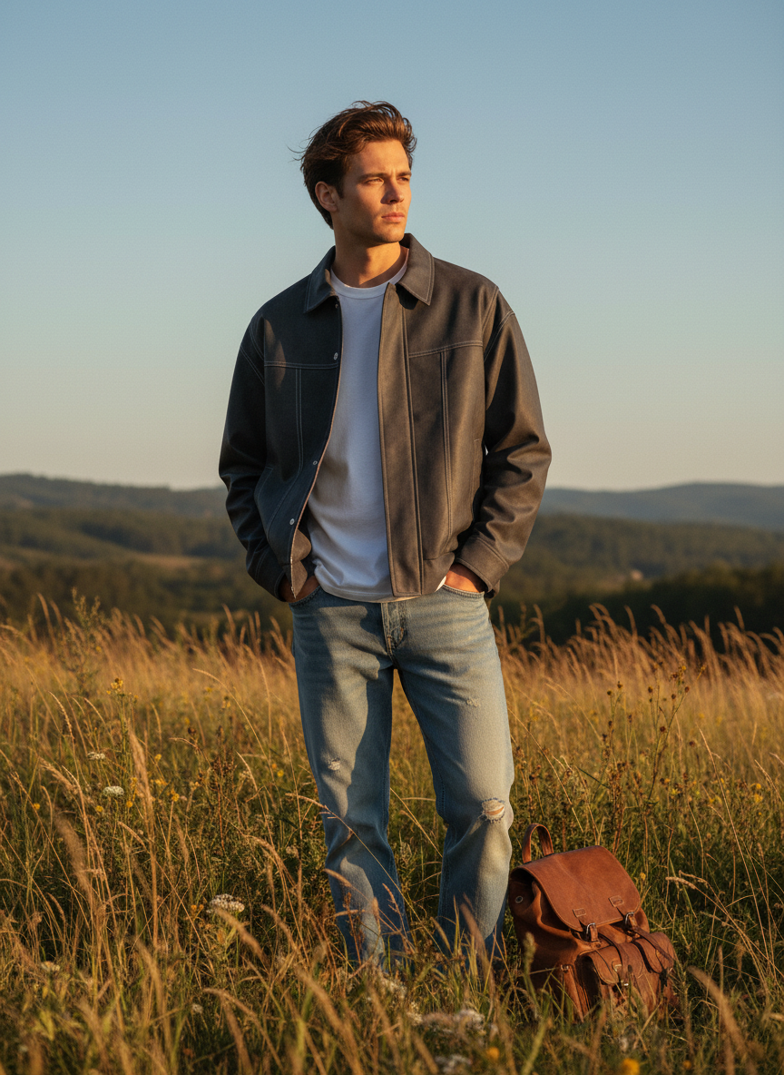 Harper | Men's Leather Jacket With Zip Closure And Contrast Stitching | Casual