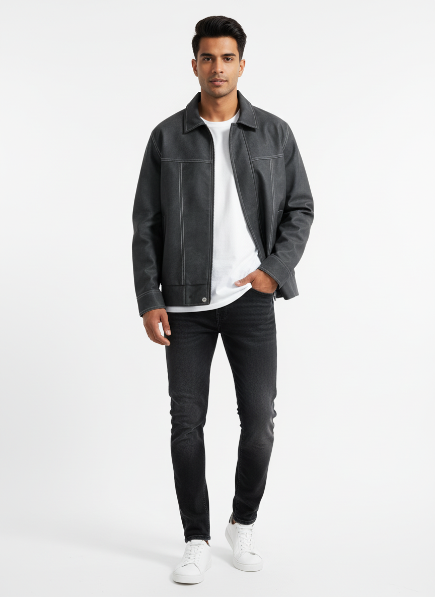 Harper | Men's Leather Jacket With Zip Closure And Contrast Stitching | Casual