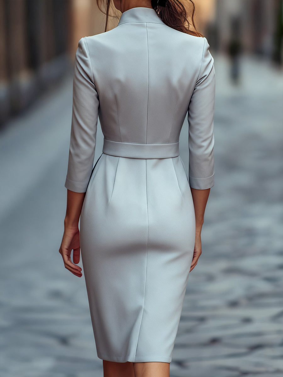 Harper | Women’s Black Belted Long Sleeve Dress With Mandarin Collar