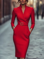 Harper | Women’s Black Belted Long Sleeve Dress With Mandarin Collar