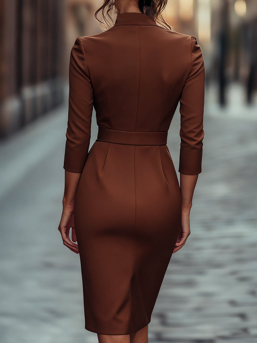 Harper | Women’s Black Belted Long Sleeve Dress With Mandarin Collar