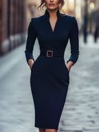 Harper | Women’s Black Belted Long Sleeve Dress With Mandarin Collar