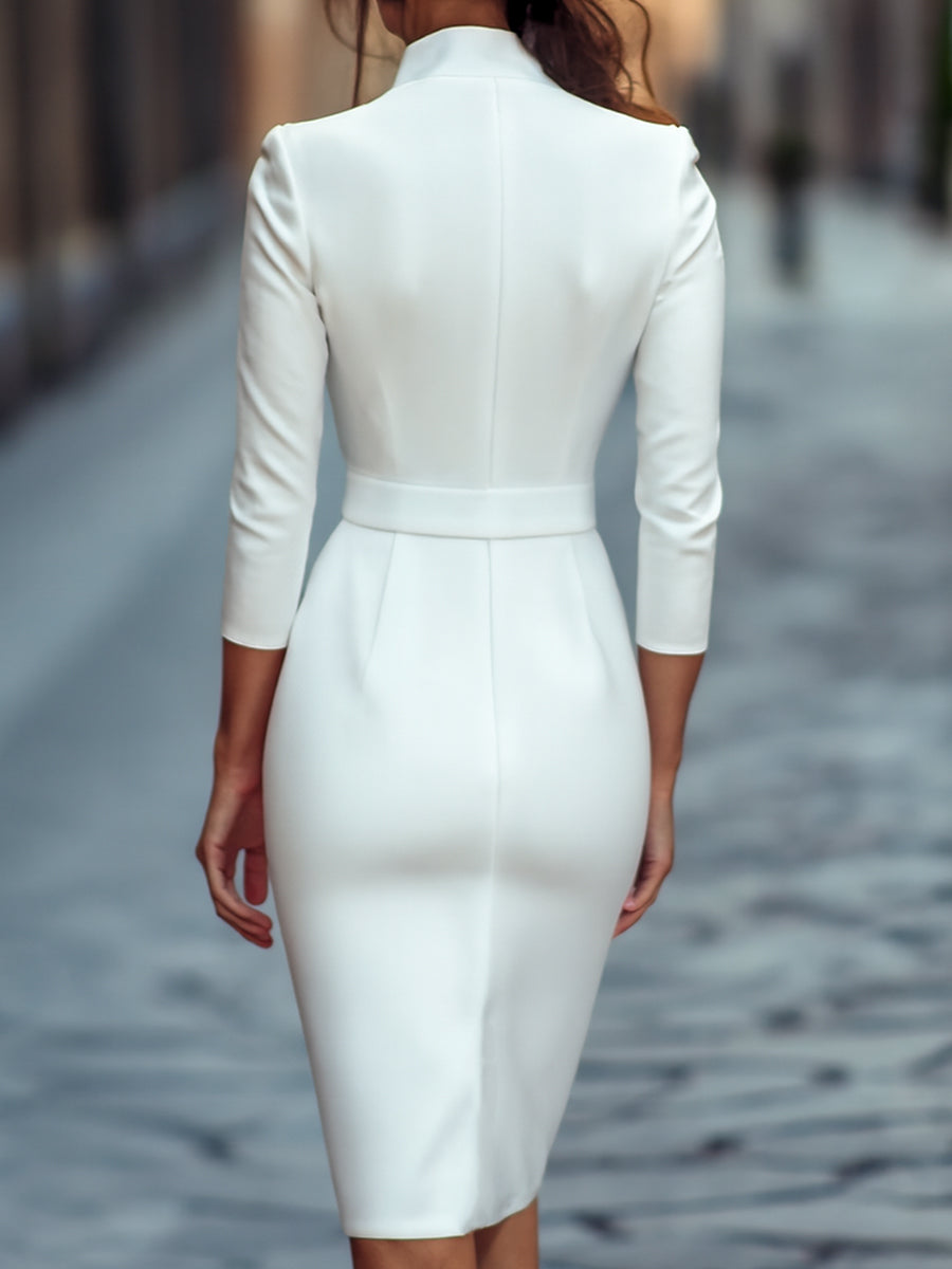 Harper | Women’s Black Belted Long Sleeve Dress With Mandarin Collar