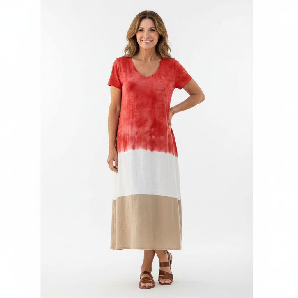 Harper | Women's Block V Neck Midi Dress With Short Sleeves And Draped Fit | Casual