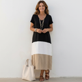 Harper | Women's Block V Neck Midi Dress With Short Sleeves And Draped Fit | Casual