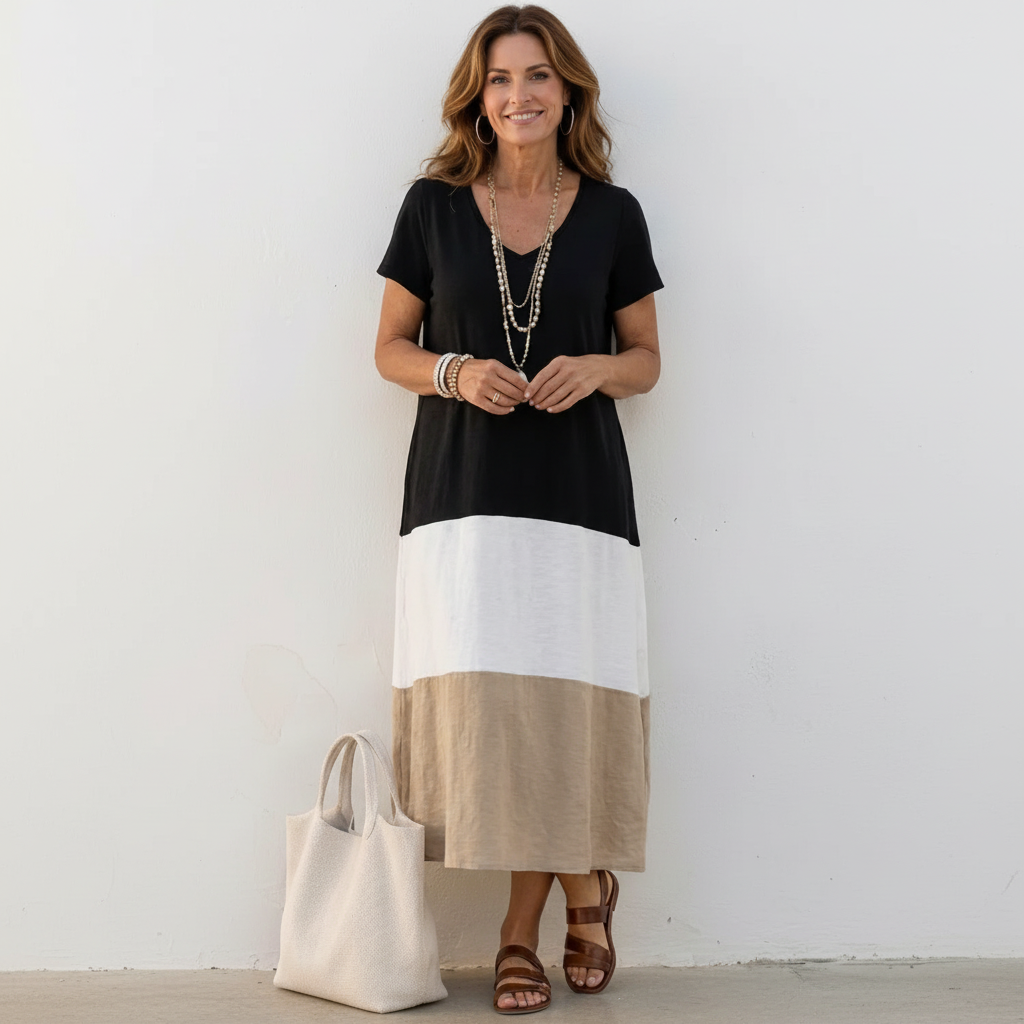 Harper | Women's Block V Neck Midi Dress With Short Sleeves And Draped Fit | Casual