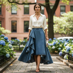 Harper | Women's Denim Skirt With Asymmetric Hem And Draped Ruffles | Elegant
