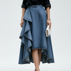 Harper | Women's Denim Skirt With Asymmetric Hem And Draped Ruffles | Elegant
