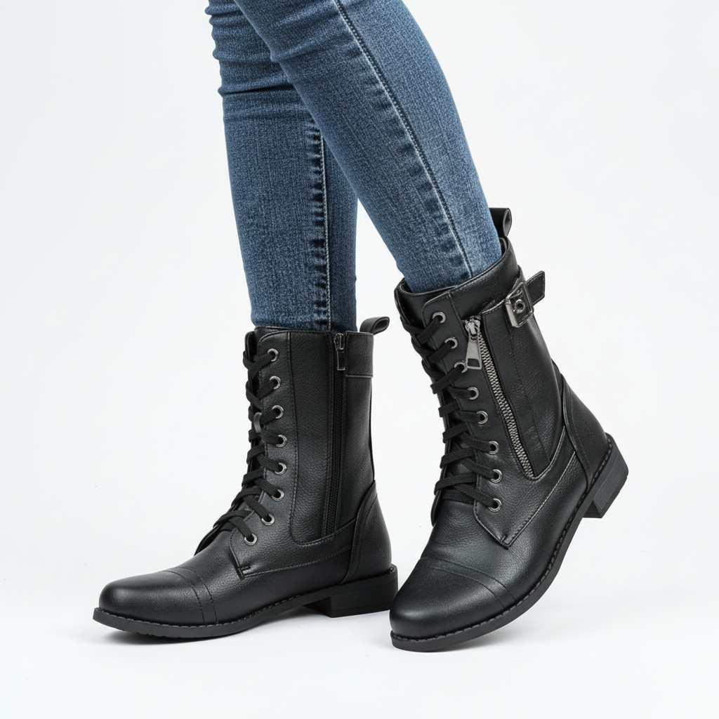 Harper | Women's Lace-Up Boots With Side Zip And Buckle Detail | Casual