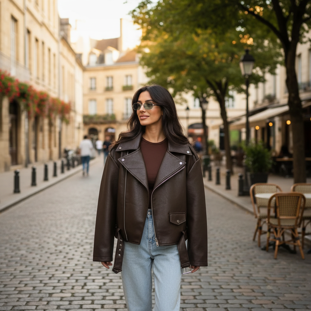 Harper | Women's Leather Jacket With Asymmetric Zip And Belt Detail | Biker
