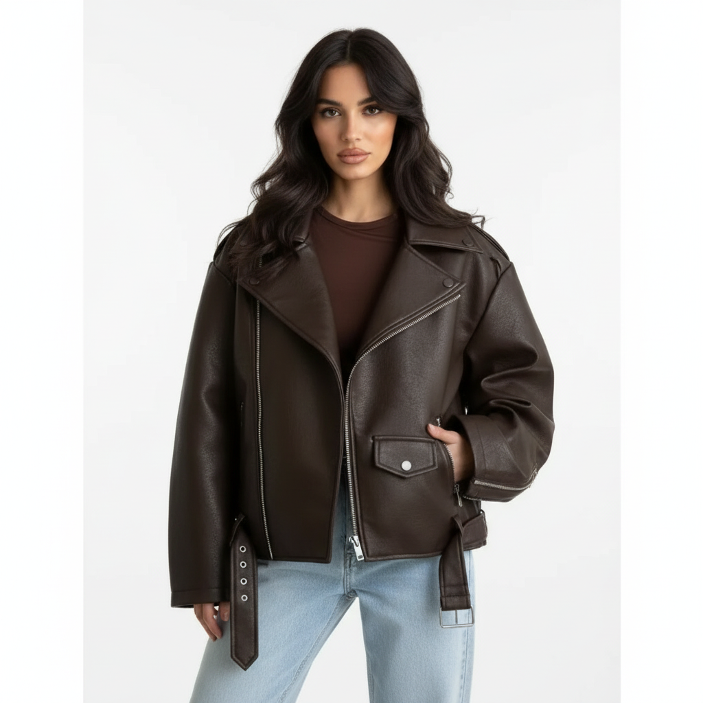 Harper | Women's Leather Jacket With Asymmetric Zip And Belt Detail | Biker
