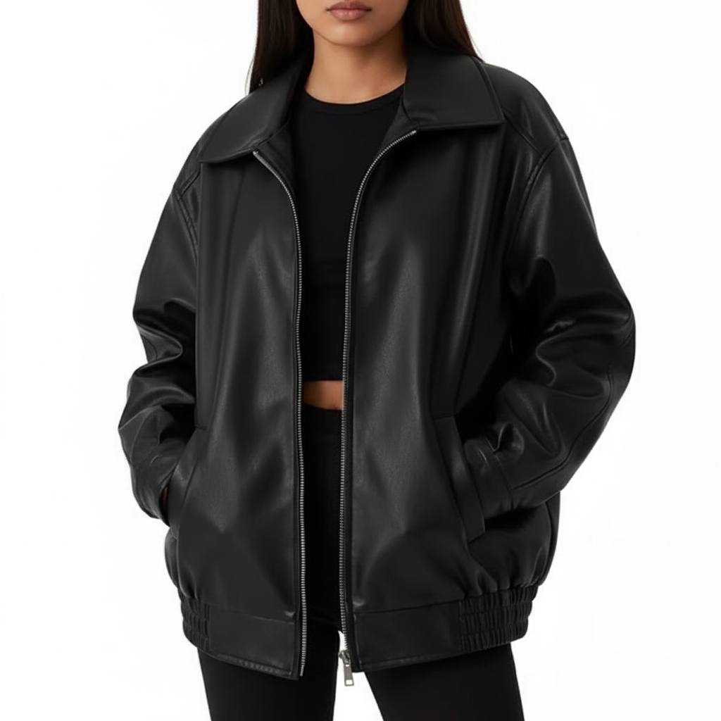 Harper | Women's Leather Jacket With Zip Closure And Point Collar | Minimalist