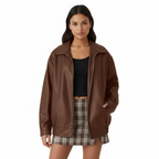 Harper | Women's Leather Jacket With Zip Closure And Point Collar | Minimalist