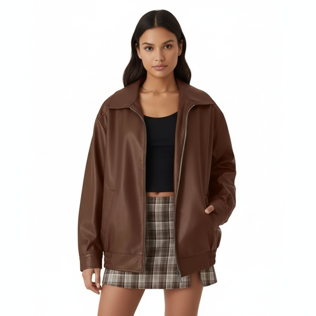 Harper | Women's Leather Jacket With Zip Closure And Point Collar | Minimalist
