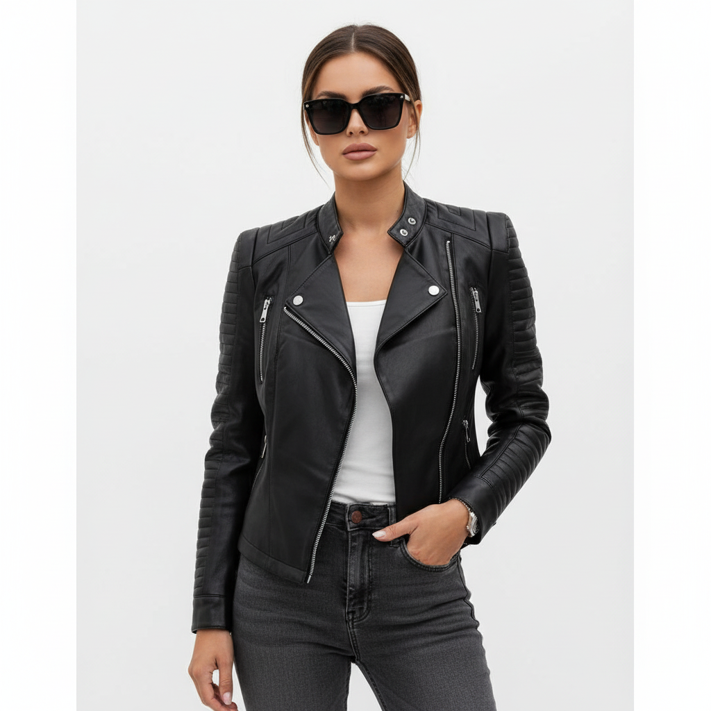 Harper | Women's Leather Jacket With Zip Closure And Quilted Sleeves | Biker