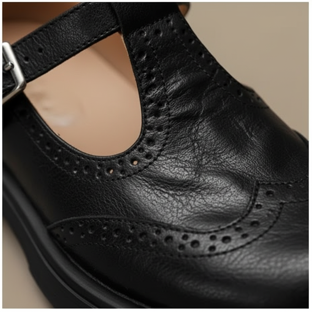 Harper | Women's Leather T-Strap Shoes With Buckle Strap And Woven Detail | Vintage