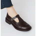 Harper | Women's Leather T-Strap Shoes With Buckle Strap And Woven Detail | Vintage
