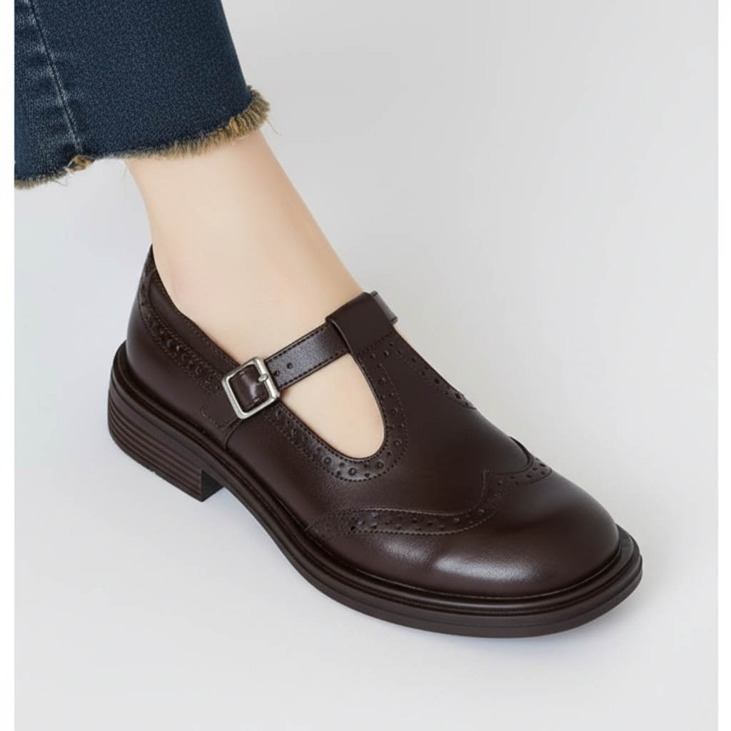 Harper | Women's Leather T-Strap Shoes With Buckle Strap And Woven Detail | Vintage
