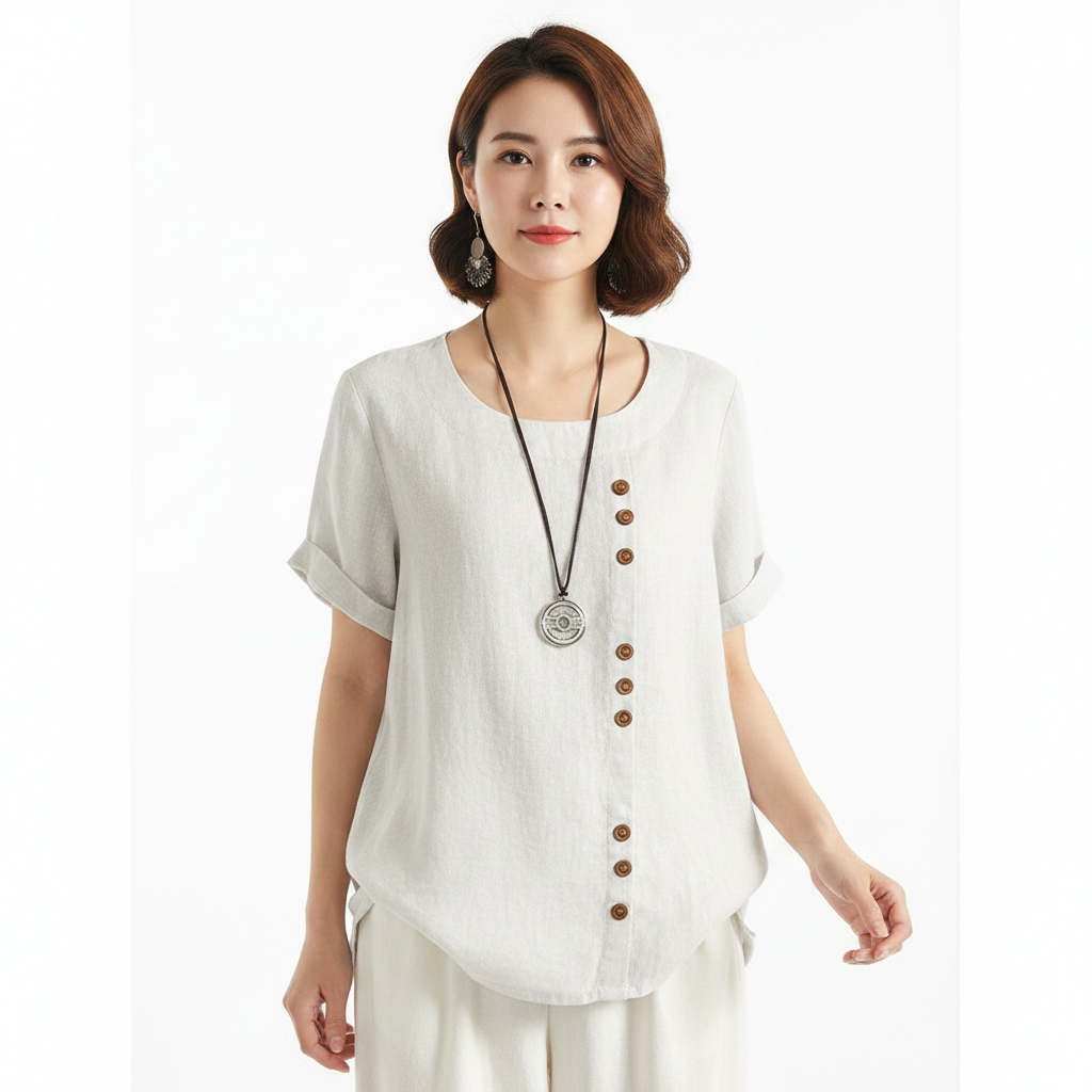 Harper | Women's Linen Blouse With Button Detail And Short Sleeves | Casual