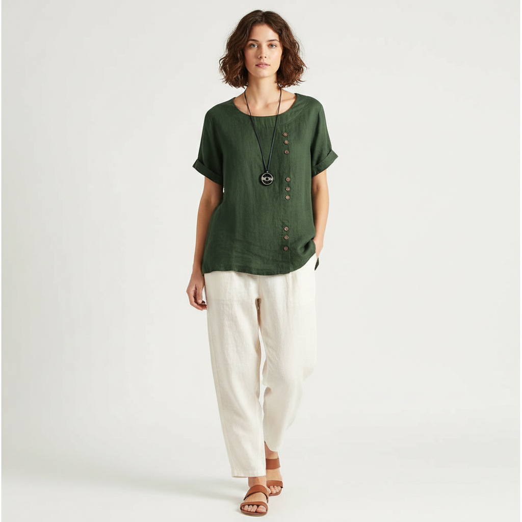 Harper | Women's Linen Blouse With Button Detail And Short Sleeves | Casual