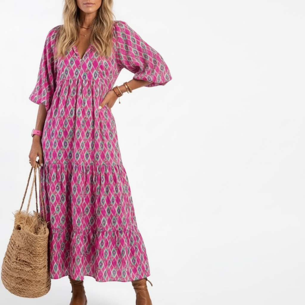Harper | Women's Patterned Midi Dress With Pleated Skirt And Woven Texture | Casual