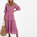 Harper | Women's Patterned Midi Dress With Pleated Skirt And Woven Texture | Casual