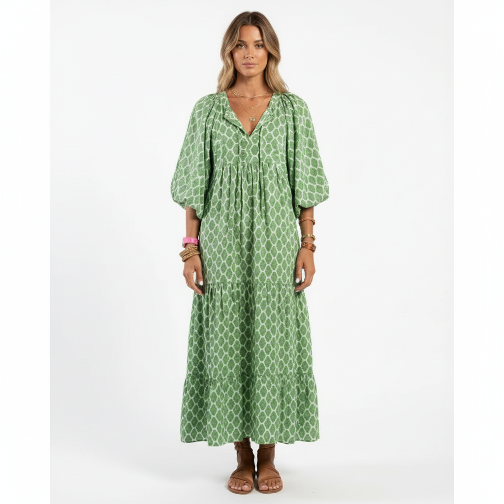 Harper | Women's Patterned Midi Dress With Pleated Skirt And Woven Texture | Casual