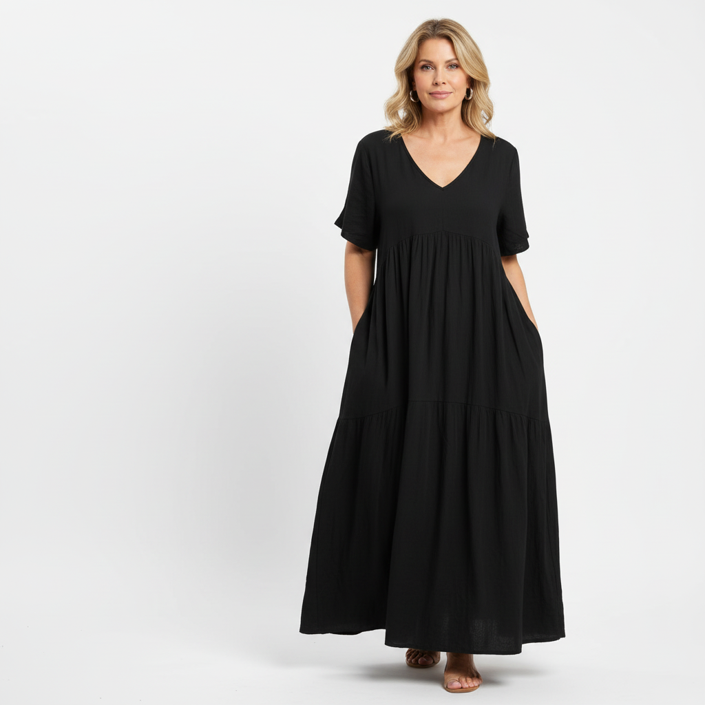 Harper | Women's Tiered Maxi Dress With V-Neck And Short Sleeves | Casual