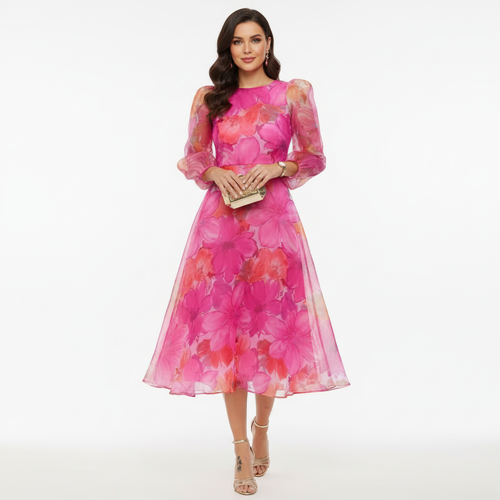 Harper | Women's Wedding Guest Dress With Long Puff Sleeves And Pleated Skirt | Elegant