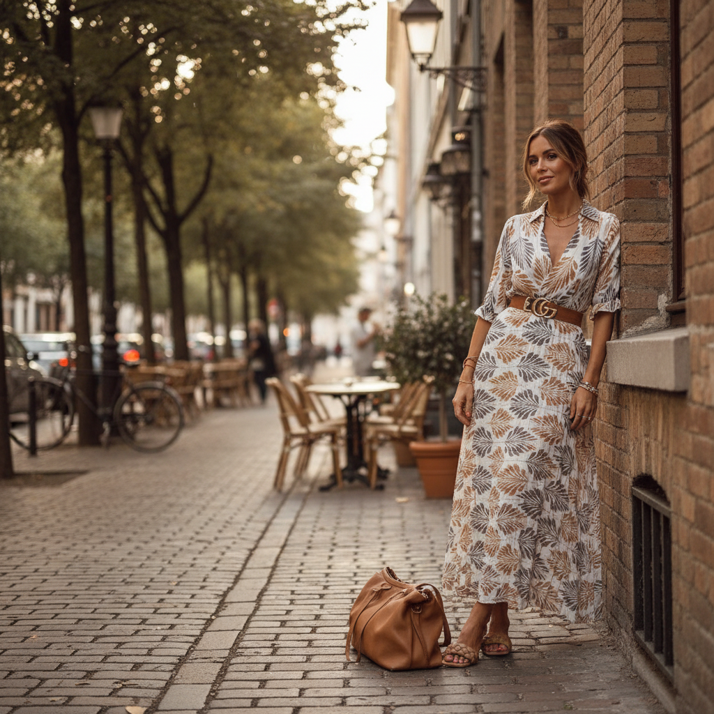 Isla | Women’s Day Midi Dress With Leaf Print And Belted Waist | Bohemian
