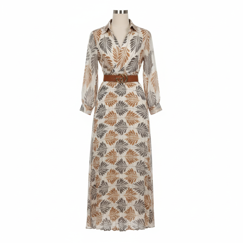 Isla | Women’s Day Midi Dress With Leaf Print And Belted Waist | Bohemian