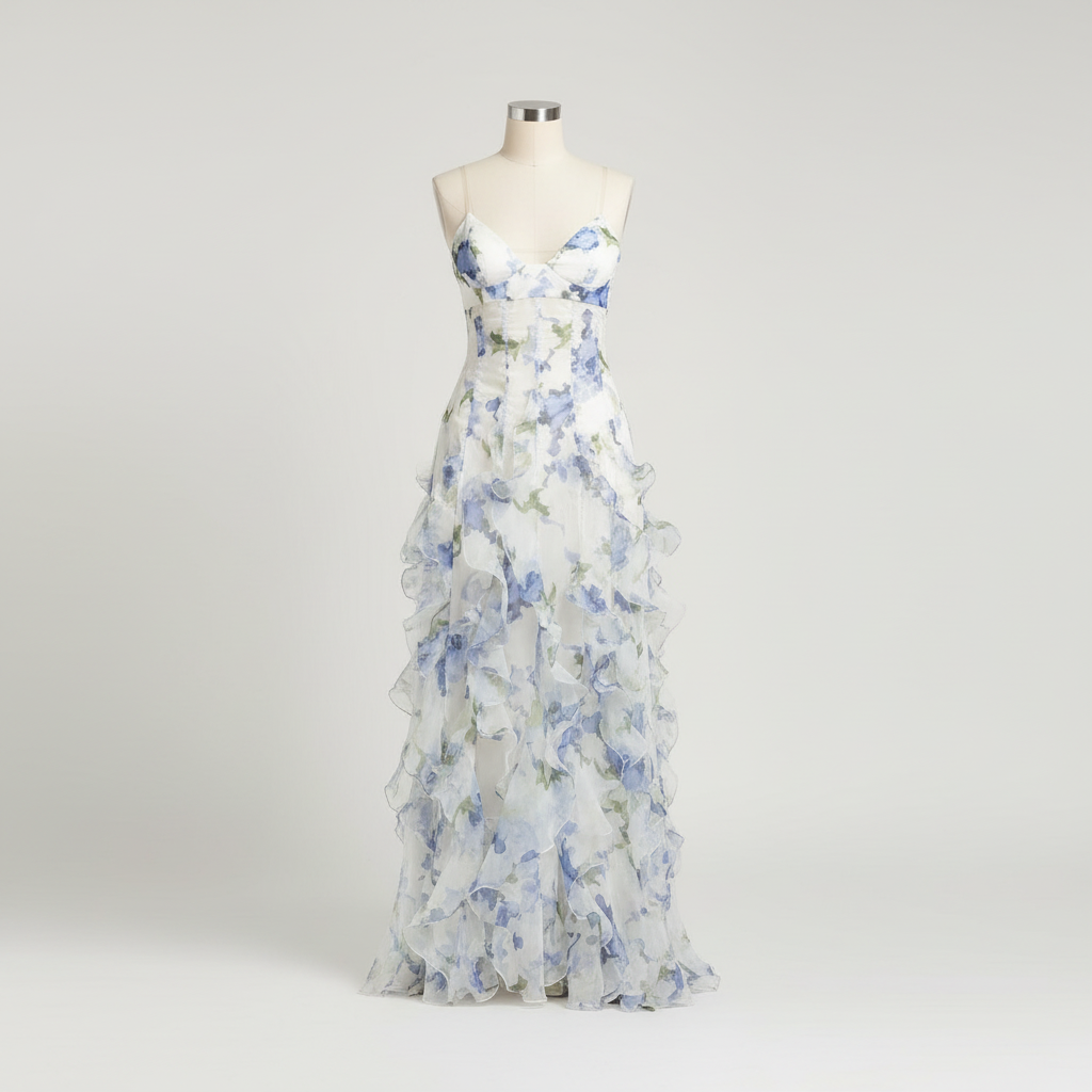 Isla | Women’s Floral Maxi Dress With Spaghetti Straps And Layered Ruffle Skirt | Romantic