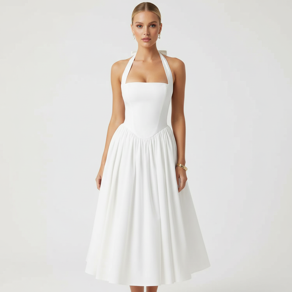 Isla | Women’s Halter Midi Dress With Fitted Bodice And Flared Skirt | Elegant