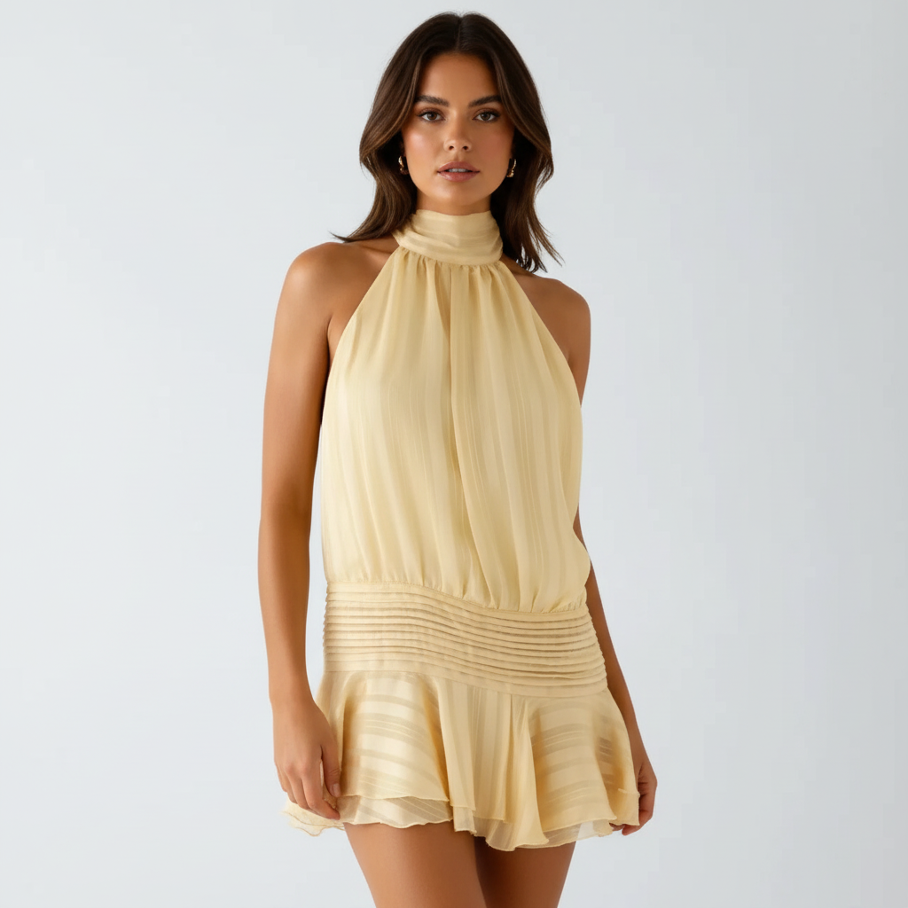Isla | Women’s Halter Mini Dress With Pleated Bodice And Ruffle Hem | Elegant
