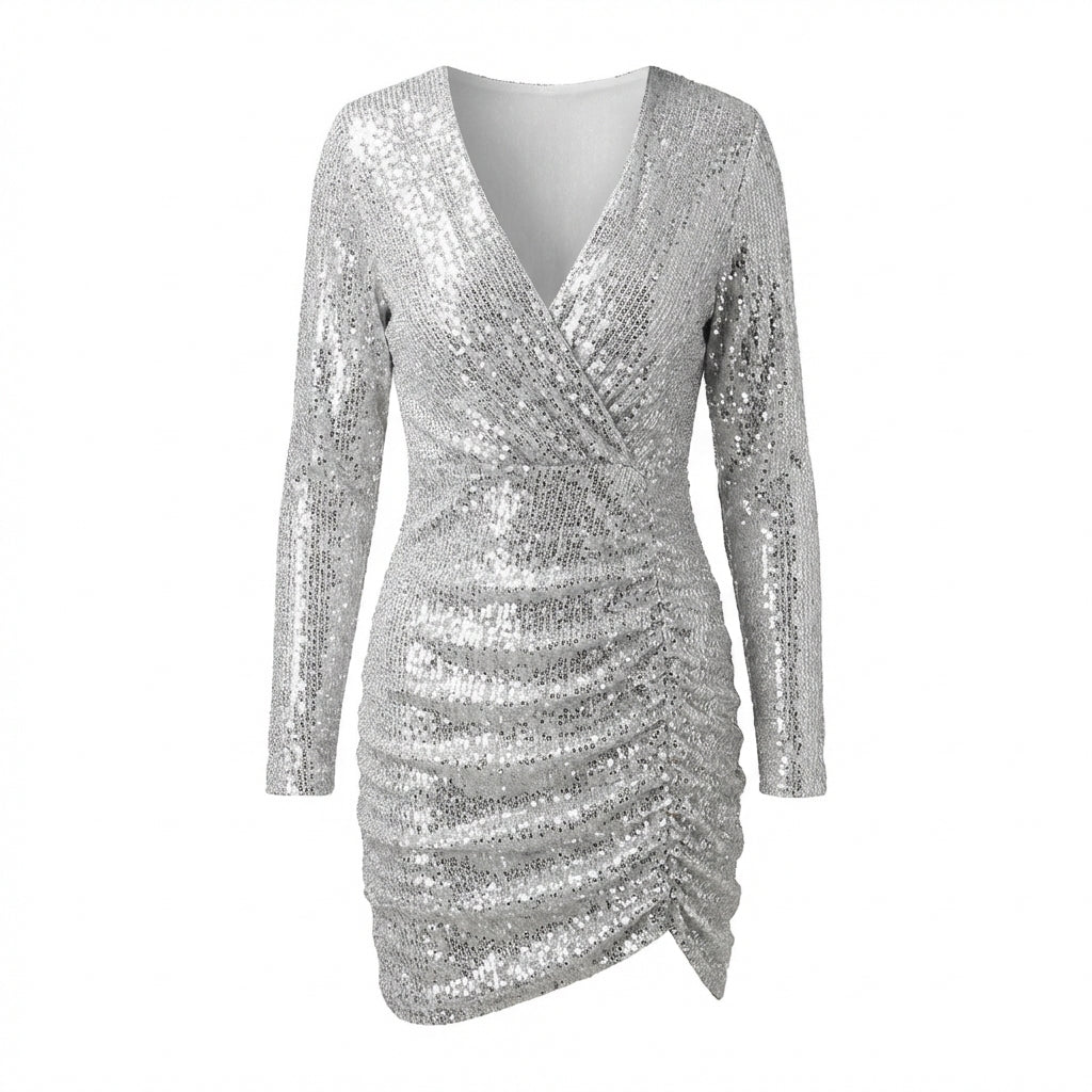 Isla | Women's Sparkle Mini Dress With Deep V-Neckline And Ruched Detail | Glamorous