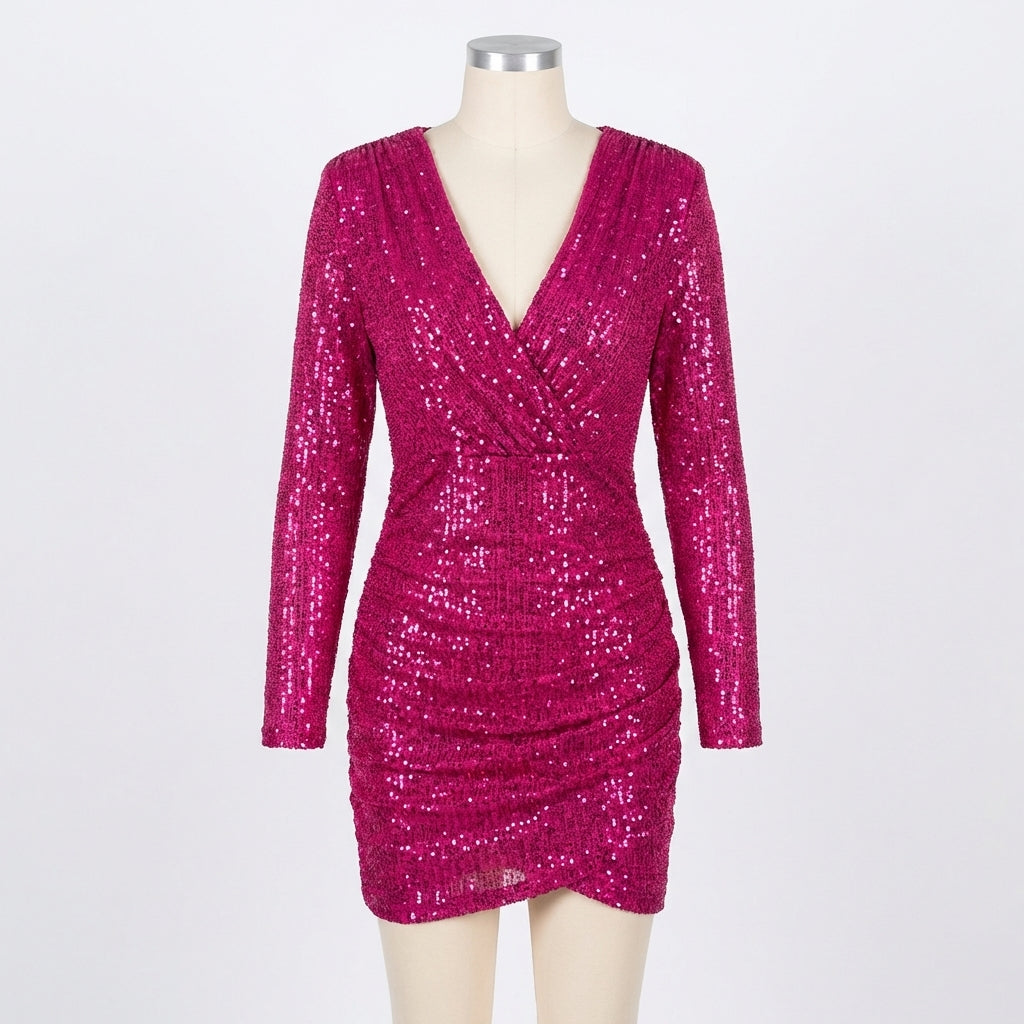Isla | Women's Sparkle Mini Dress With Deep V-Neckline And Ruched Detail | Glamorous