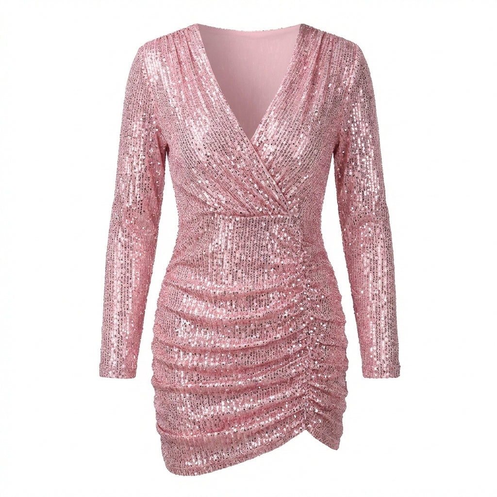 Isla | Women's Sparkle Mini Dress With Deep V-Neckline And Ruched Detail | Glamorous