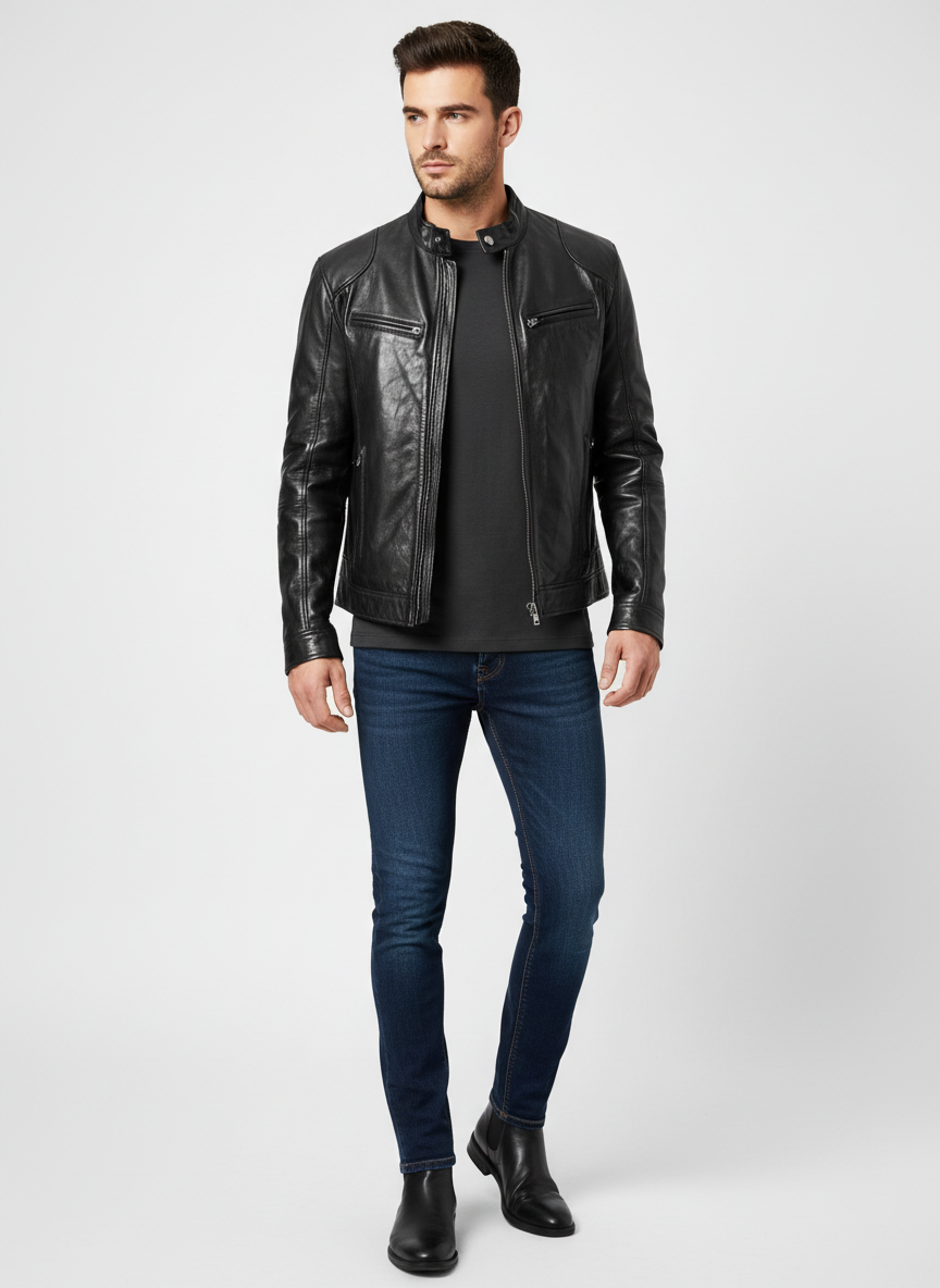 Jackson | Men's Leather Jacket With Zip Closure And Stand Collar | Biker
